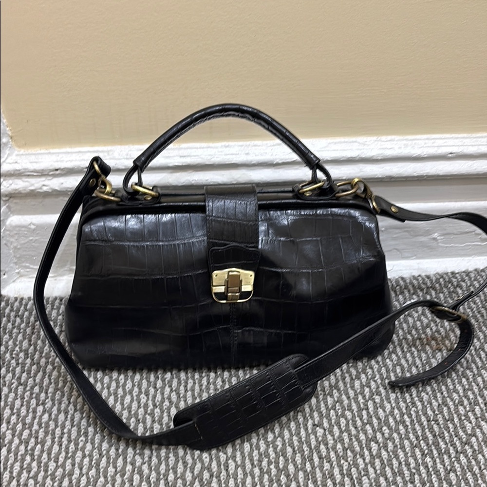 Black Crocodile-Embossed Leather Bag